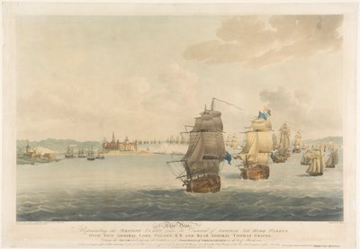 Nach Pocock, dieser Druck stellt die britische Flotte unter dem Kommando von Admiral Sir Hyde Parker dar, mit Vizeadmiral Lord Nelson, K.B. und Konteradmiral Thomas Graves von Nicholas (after) Pocock