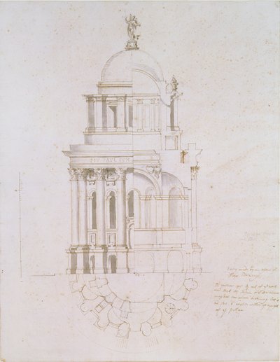 Aufriss, Querschnitt und Plan eines nicht realisierten Baptisteriums für die St. Paul