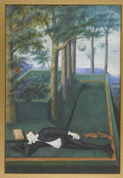 Porträt eines liegenden Edelmanns in einem bewachsenen Hof; Porträt von Henry Percy, 9. Earl of Northumberland von Nicholas Hilliard