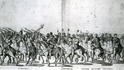 Platte 12 und 13 des Einzugs von Papst Clemens VII. und Kaiser Karl V. in Bologna am 24. Februar 1530, veröffentlicht ca. 1530 von Nicholas Hogenberg