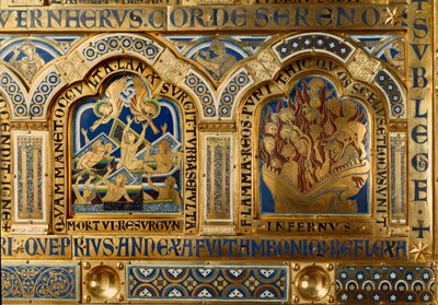 Verdun-Altar aus Gold und Emaille von Nicolas de Verdun (ca. 1130/50-1205): Szenen aus dem Alten und Neuen Testament: Detail, das die Toten zeigt, die am Tag des Jüngsten Gerichts aus ihren Gräbern kommen, und die Verdammten, die in den Flammen der Hölle b von Nicholas of Verdun