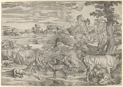Landschaft mit Milchmädchen rechts und Junge links, ca. 1535-40 von Nicolò Boldrini