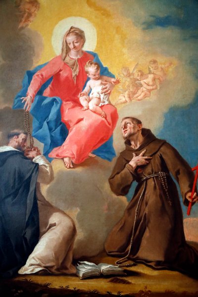 Die Nationalgalerie. Unsere Liebe Frau vom Rosenkranz mit St. Dominikus und St. Franziskus von Assisi. Nicola Grassi. 18. Jahrhundert. Ljubljana. Slowenien. von Nicolò Grassi