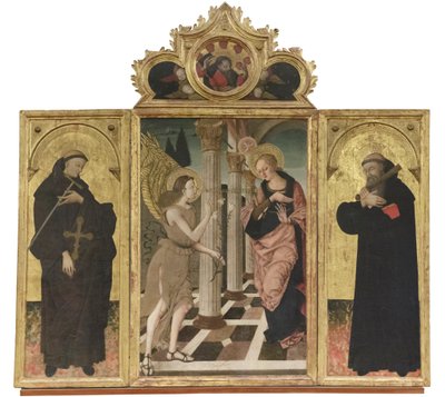 Verkündigung zwischen den Heiligen Giovanni Gualberto und Benedetto, ca. 1500-05 (Triptychon auf Tafel) von Nicola de Maestro Antonio