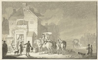 Reisegesellschaft vor einem Gasthaus am Abend von Nicolaes Aartman