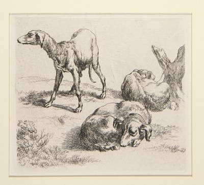 2 Radierungen aus dem Set Verschiedene Tiere, mit dem Mann unter den Bäumen, dem sogenannten Mann von Nicolaes Berchem