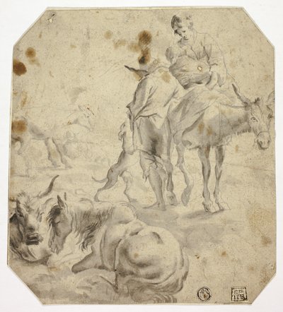 Frau und Kind auf Esel, Mann, Hunde, Pferde von Nicolaes Berchem