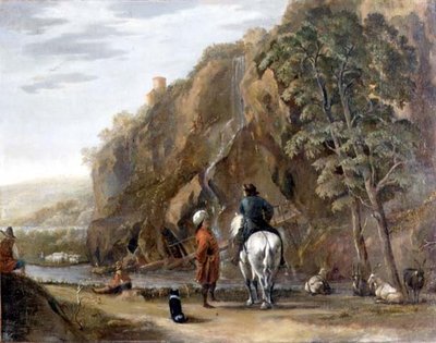 Italienische Landschaft mit Figuren und einem Pferd auf einer Straße von Nicolaes Pietersz. Berchem