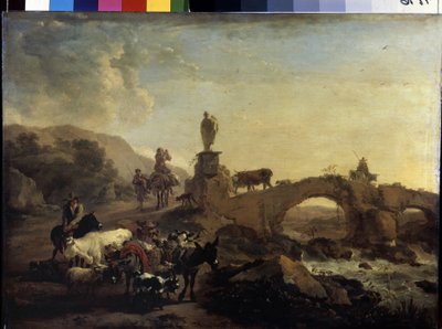 Italienische Landschaft mit einer kleinen Brücke von Nicolaes Pietersz. Berchem