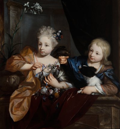 Ein Junge und ein Mädchen in einer architektonischen Umgebung von Nicolaes Verkolje
