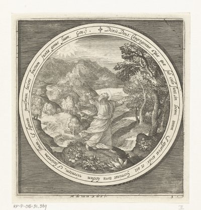 Dritter Tag der Schöpfung: Gott erschafft Land und samenbildende Pflanzen und Bäume mit Früchten, die Samen tragen von Nicolaes de Bruyn