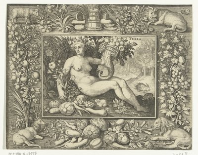 Element Erde als nackte Frau mit Füllhorn (Terra) (Die vier Elemente) von Nicolaes de Bruyn