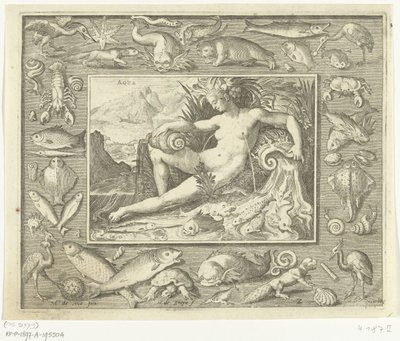 Element Wasser als Frau bei einer Quelle mit Fischen von Nicolaes de Bruyn