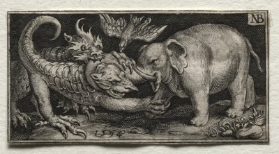 Elefant kämpft gegen zwei Bestien von Nicolaes de Bruyn