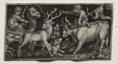 Affen reiten auf einem Kamel und einem Stier von Nicolaes de Bruyn