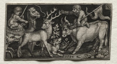Affen reiten auf einem Kamel und einem Stier, 1594 von Nicolaes de Bruyn
