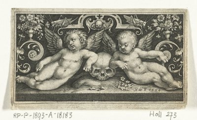 Zwei kämpfende Kinder, reitend auf Böcken, flankiert von Kindern, die Trompeten blasen von Nicolaes de Bruyn