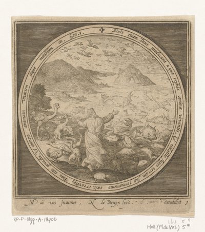 Fünfter Tag der Schöpfung: Gott erschafft Fische und Vögel von Nicolaes de Bruyn