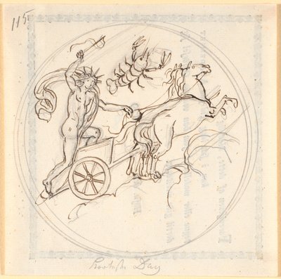 Apollo lenkt seinen Sonnenwagen nach oben; oben das Sternzeichen Krebs; kreisrund eingerahmt; stellt den kürzesten Tag dar von Nicolai Abildgaard