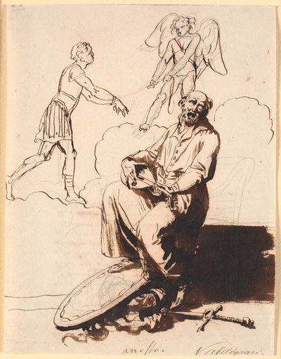 Ariosto, sitzend mit einer Laute, zu seinen Füßen Waffen, im Hintergrund zieht Amor einen Mann hinter sich her von Nicolai Abildgaard