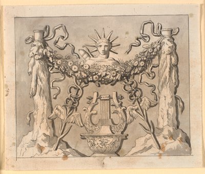 Dekorative Komposition mit Herakles-Säulen, Apollos Kopf und verschiedenen Attributen von Nicolai Abildgaard