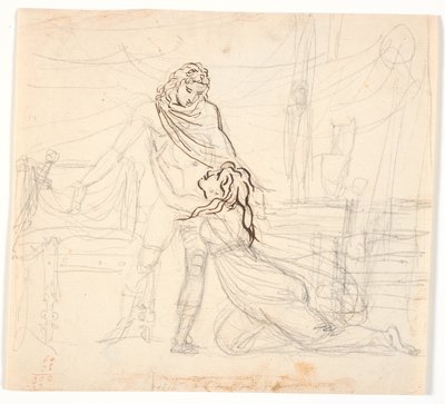 Eine junge Frau, die kniend einen nackten Helden flehend umarmt von Nicolai Abildgaard