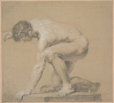 Halbknieendes Modell. Rechtes Knie auf Kissen gestützt. Rechter Arm hinter dem Kopf erhoben. Linker Arm gestützt von Nicolai Abildgaard