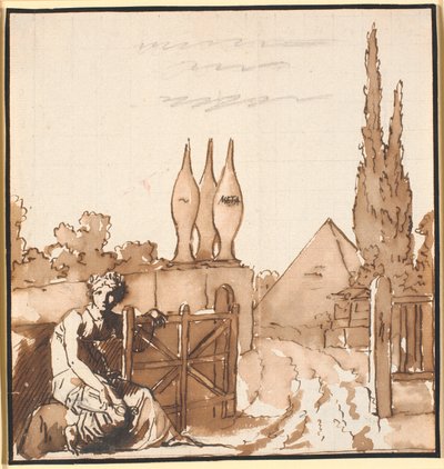 Das Ziel des Lebenslaufs. Allegorische Zeichnung. Eine Frau öffnet das Tor zu einem Friedhof mit Metä und Pyramide von Nicolai Abildgaard