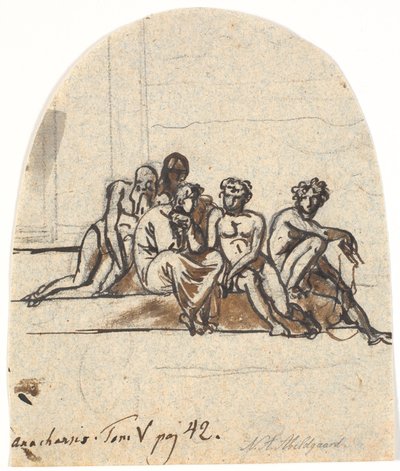 Erziehung der Jugend in Sparta. Fünf teilweise nackte Figuren auf einer Treppe von Nicolai Abildgaard