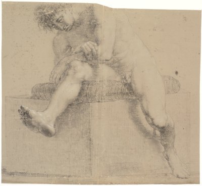 Sitzendes Modell auf niedriger Plinthe mit Kissen. Arme gekreuzt. Linkes Bein gebeugt, rechtes Bein ausgestreckt von Nicolai Abildgaard