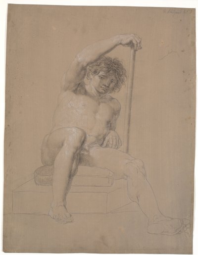 Sitzendes Modell auf niedriger Plinthe mit Kissen. Von vorne gesehen. In der linken Hand ein Stab. Rechtes Bein ausgestreckt von Nicolai Abildgaard