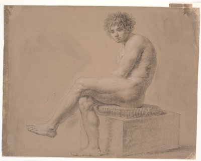 Sitzendes Modell auf niedriger Plinthe mit Kissen. Linkes Bein über rechtes von Nicolai Abildgaard
