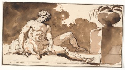 Sitzender nackter Mann mit einem Schlüssel in der Hand, ein Pudel und rechts eine Agave von Nicolai Abildgaard