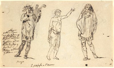 Drei Männerfiguren. Der links sieht aus wie die Braga-Figur auf dem vorherigen Blatt von Nicolai Abildgaard