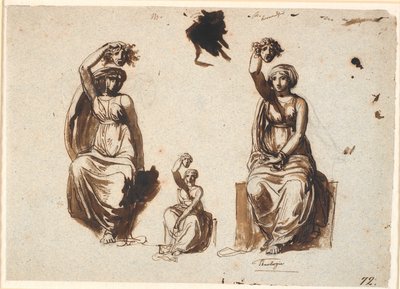 Drei Studien zu einer allegorischen sitzenden Frauenfigur mit einem erhobenen Medusakopf in der rechten Hand von Nicolai Abildgaard