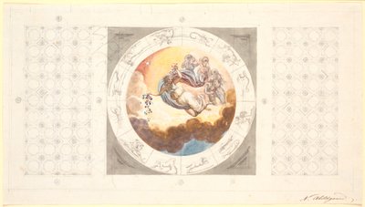 Entwurf für eine Deckendekoration mit Kassetten und in der Mitte ein kreisrundes Bild mit dem Morgen, der Blumen verstreut von Nicolai Abildgaard