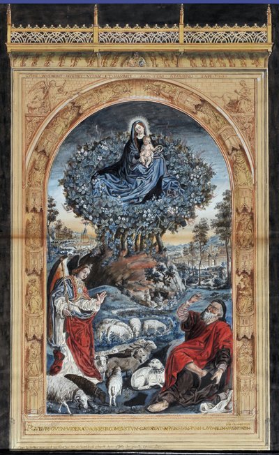 Kopie des brennenden Buschs. Moses auf dem Berg Sinai zieht seine Schuhe aus. Um ihn herum ein Engel, die Jungfrau und Christus und eine Schafherde von Nicolas (after) Froment