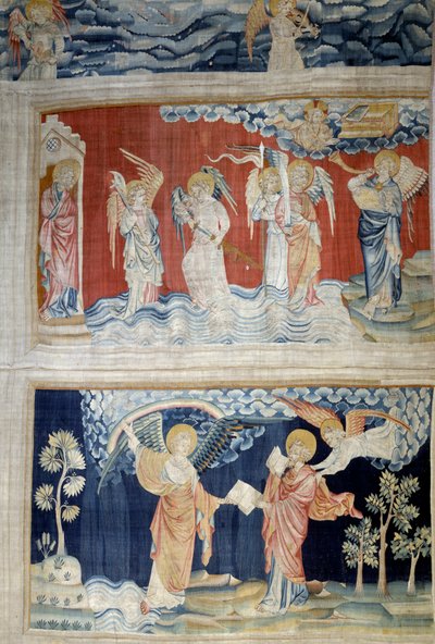 Wandteppich der Offenbarung: Die sechste Posaune, die Engel des Euphrat. Unten: Der Engel übergibt das Buch an den heiligen Johannes, der es verschlingt. Tapisserie von Nicolas Bataille von Nicolas Bataille