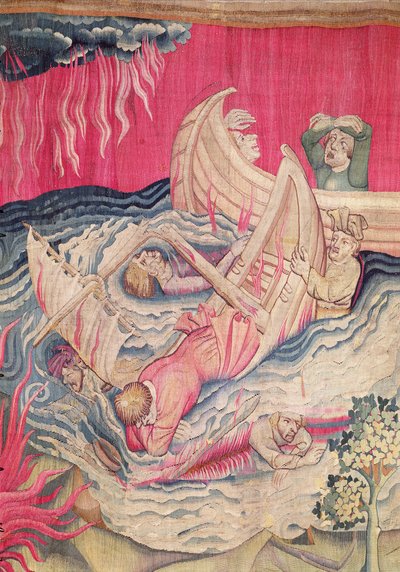 Die zweite Trompete und das Schiffswrack, Detail der sinkenden Schiffe, Nummer 21 aus der Apokalypse von Angers, 1373-87 von Nicolas Bataille