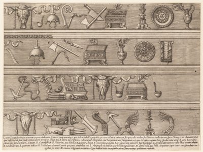 Speculum Romanae Magnificentiae: Opferinstrumente basierend auf antiken Reliefs, ca. 1550-75 von Nicolas Beatrizet.