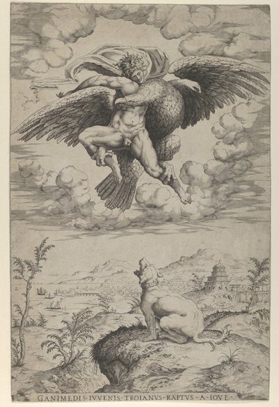 Der Raub des Ganymed durch Jupiter in Gestalt eines Adlers, der ihn in den Himmel trägt von Nicolas Beatrizet