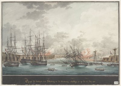 Ansicht der Batterien vor Palembang nach dem Sieg mittags - 12 Uhr am 24. Juli 1821 von Nicolas Cammillieri