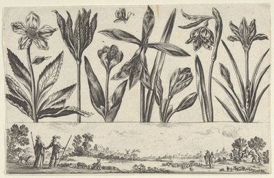 Horizontales Panel mit einer Reihe von Blumen über einem Fries mit Figuren in einer Landschaft von Nicolas Cochin