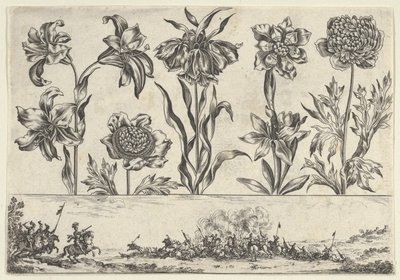 Horizontales Panel mit einer Reihe von Blumen über einem Fries mit einer Kampfszene in einer Landschaft, 1645 von Nicolas Cochin