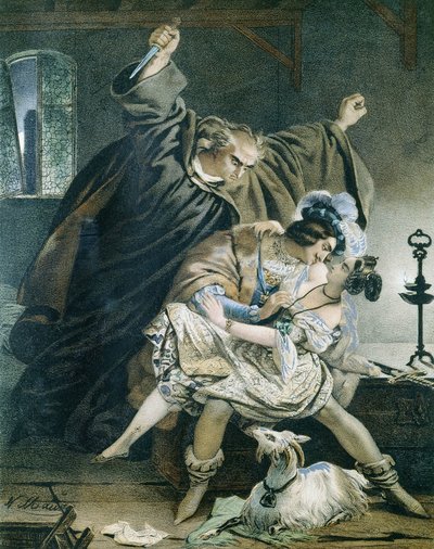 Esmeralda, Phoebus und Claude Frollo (Notre Dame de Paris) von Victor Hugo. Illustration von Nicolas Eustache Maurin (1799-1850). Private Sammlung. von Nicolas Eustache Maurin