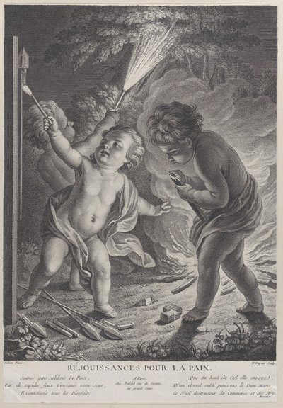 Feier des Friedens, drei Putti mit Feuerwerk, 1745-71 von Nicolas Gabriel Dupuis