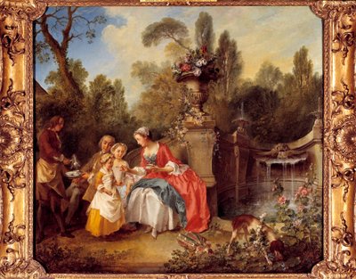 Eine Frau im Garten trinkt Kaffee mit Kindern oder eine Tasse Schokolade von Nicolas Lancret