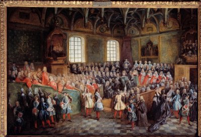 Lit de justice gehalten von der Mehrheit von König Ludwig XV. in der Großen Kammer des Parlaments von Paris am 22. Februar von Nicolas Lancret