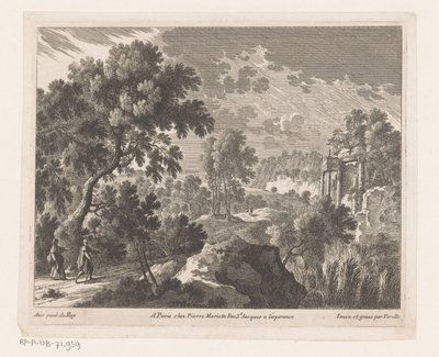 Landschaft mit spazierendem Mann und Frau bei Ruine von Nicolas Perelle