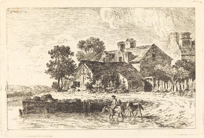 Pferde werden zu einem gewundenen Flussufer geführt von Nicolas Perignon